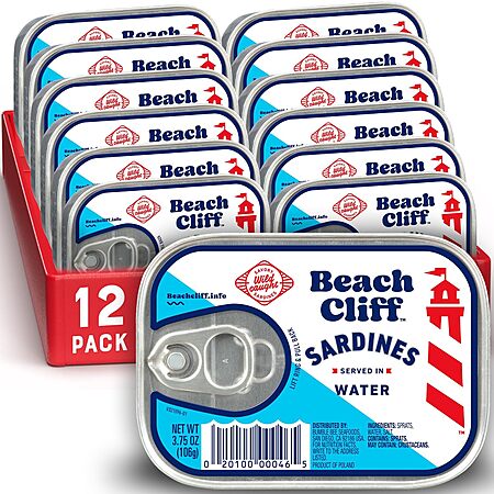 Beach Cliff Sardines in Water, 3.75 oz Can (Pack of 12) - Wild Caught Sardines - 12g Protein per Serving - Gluten Free, Keto Friendly~$10.39 With S&S @ Amazon