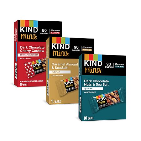 KIND Bar Minis, Variety Pack, Dark Chocolate Nuts and Sea Salt, Caramel Almond Sea Salt, Dark Chocolate Cherry Cashew Healthy Snacks 30 Count~$15.73 With S&S @ Amazon