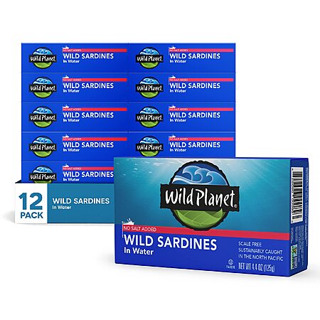 Wild Planet Wild Sardines in Water, No Salt Added, Tinned Fish, Non-GMO, Sustainable 4.4 Ounce , (Pack of 12)~$24.71 With S&S @ Amazon