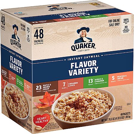 Quaker Instant Oatmeal, 4 Flavor Variety Pack, Individual Packets, 48 Count~$12.92 With S&S @ Amazon (4 replies)