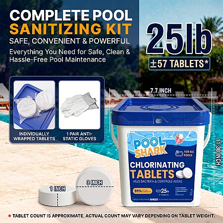 Pool Shark Swimming Pool Chlorine Tablets | 3-Inch Chlorine Tablets | 25 lbs | Slow-Dissolving 90% Active Chlorine Tabs~$79.97 @ Amazon