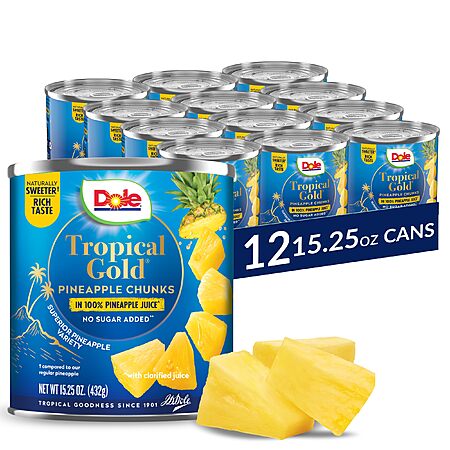 Dole Canned Fruit, Tropical Gold Pineapple Chunks in 100% Pineapple Juice, Gluten Free, Pantry Staples, No Sugar Added, 15.25 Oz, 12 Count~$17.22 After Coupon & S&S @ Amazon