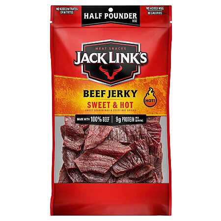 Jack Link's Beef Jerky Half Pounder Sweet & Hot 100% Real Beef Ready to Eat Real Meat Protein Snacks 9g Protein per Serving 8 oz Large Jerky Bag~$9.44 After Coupon & S&S @ Amazon