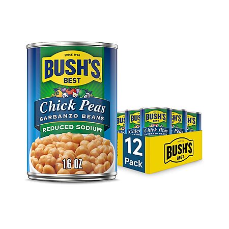 BUSH'S BEST 16 oz Canned Reduced Sodium Garbanzo Beans, Source of Plant Based Protein and Fiber, Low Fat, Gluten Free, (Pack of 12)~$13.44 After Coupon & S&S @ Amazon