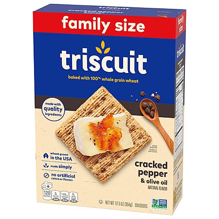 Triscuit Cracked Pepper & Olive Oil Whole Grain Wheat Crackers, Lunch Snacks, Snack Crackers, Family Size, 12.5 oz~$2.18 After Coupon & S&S @ Amazon