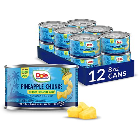 Dole Pineapple Chunks in 100% Pineapple Juice with No Sugar Added - Dole Canned Fruit - 8 oz Cans - 12 Pack~$12.41 After Coupon & S&S @ Amazon