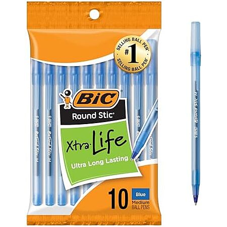 10-Ct BIC Round Stic Xtra Life Blue Ballpoint Pens (1.0mm / Medium Point) $0.95 w/ S&S