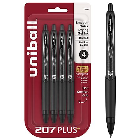 4-Pk uniball 207 Plus+ Retractable Gel Pens (Medium Point, 0.7mm, Black) $4.05