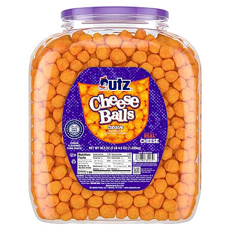 Utz Cheese Balls Barrel, 36.5 oz Baked with real cheddar cheese, resealable barrel; gluten-free, cholesterol-free, trans-fat-free, Kosher certified~$8.03 @ With S&S @ Amazon