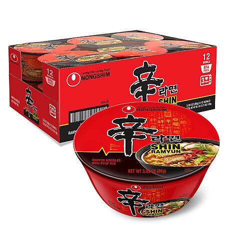 Nongshim Shin Ramyun Bowl Noodles, Spicy Korean Signature Instant Ramyun, Rich Beef Flavored Broth Microwaveable Bowl, 3.03 oz (Pack of 12)~$10.80 After Coupon @ Amazon