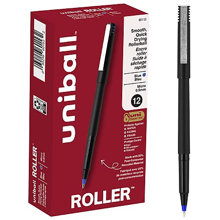 uniball™ Roller Rollerball Pens, Micro Point (0.5mm) Blue 12 Pack Quick-drying precise strokes,acid-free archival ink, protects against water,fading & fraud~$7.08 @ Amazon Resale