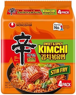 Nongshim Shin Ramyun Kimchi Stir Fry, Instant Ramen, 4.83 Oz (Pack of 4) Sweet and Spicy, Korean Ramyun Noodles with Sauce~$5.54 @ Amazon