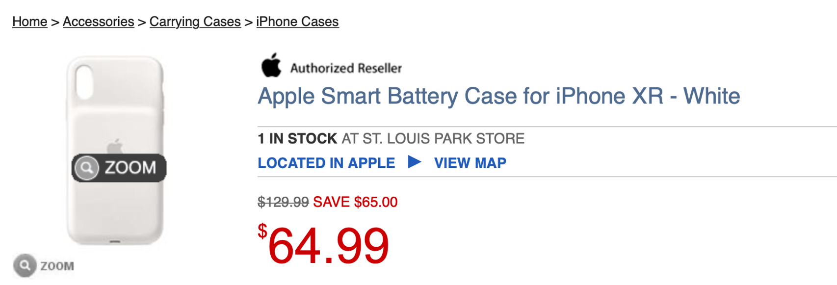 $64.99 IPhone XR, Xs, Xs max smart battery case white