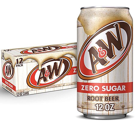 A&W Zero Sugar Root Beer Soda, 12 fl oz cans, 12 pack $5