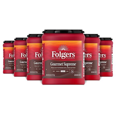 [S&S, AC] $17.79 | 6-Pack 9.6-Oz Folgers Dark Roast Ground Coffee (Black Silk) at Amazon ($2.96 each)
