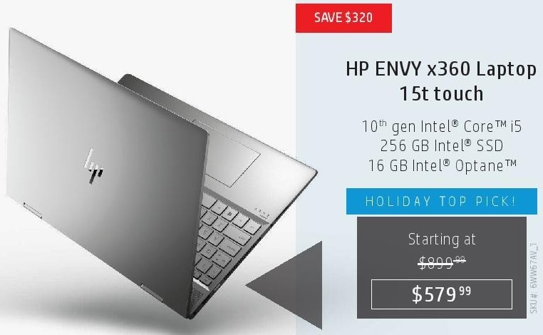HP Black Friday: HP Envy x360 15t Touch 15.6" Laptop: Intel i5, 12GB RAM, 256GB SSD + 16GB Intel Optane Memory, Intel UHD Graphics, Win 10 Home - $579.99 & Up