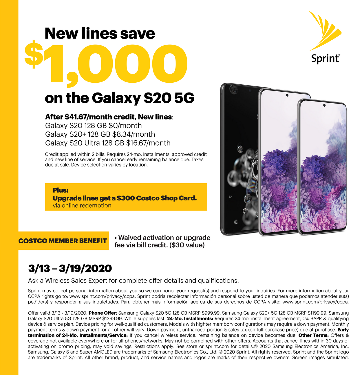 Costco Sprint - FREE Galaxy S20 with new line / $300 Costco GC with upgrade + No activation fee