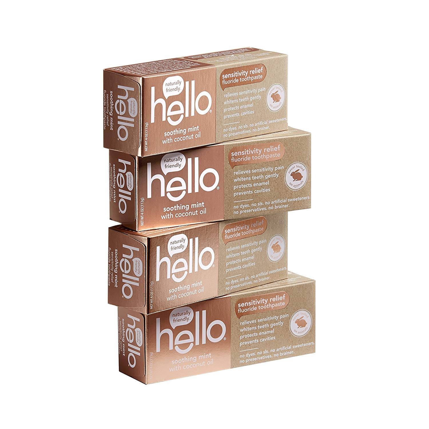 Hello Oral Care Sensitivity Relief Fluoride Toothpaste with No Artificial Sweeteners, SLS Free, Soothing Mint with Coconut Oil, 4 Count, w/ 5% S&S Amazon $11.06