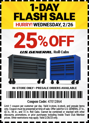 U.S. General Roller Cabinets 25% Off at Harbor Freight - Starting at $300 for 27" wide