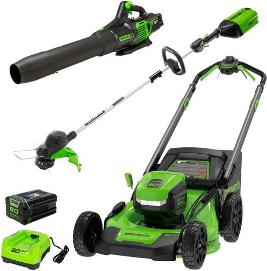 Greenworks 80V 21 Lawn Mower 13 String Trimmer and 730 Leaf Blower Combo with 4 Ah Battery Charger 3 piece combo Green 599