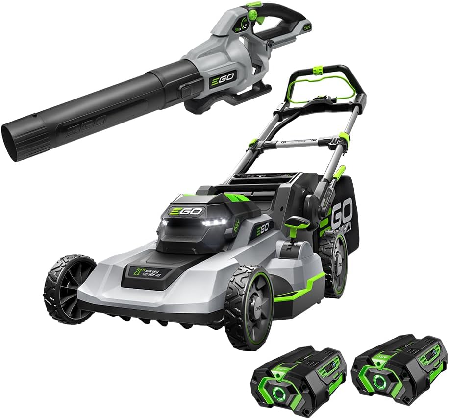 EGO Power LM2122SP 2 21 Inch 56 Volt Self Propelled Lawn Mower with Touch Drive with 2 4.0Ah Batteries 550W Rapid Charger Kit and LB5800 580 CFM Cordless Leaf Blower 599