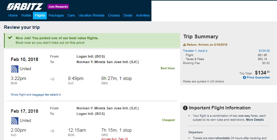 Boston to San Jose CA or Vice Versa $134 RT on United Airlines (travel Feb-June)