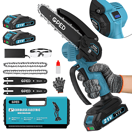 Mini Chainsaw, 6 inch Portable Electric Chainsaw Cordless, Handheld Chain Saw Pruning Shears Chainsaw for Tree Branches, Courtyard, Household and Garden, Blue - $25.50