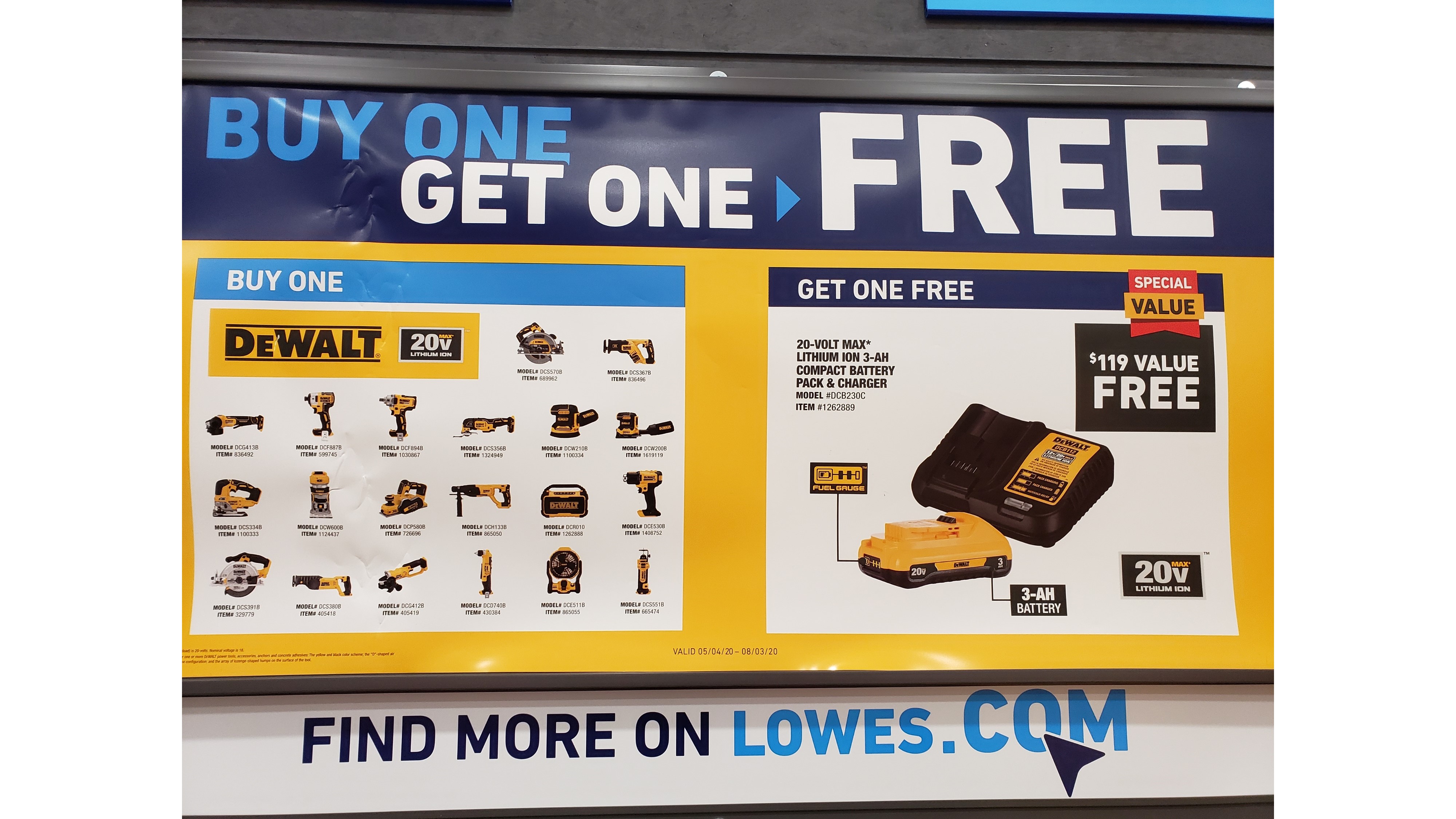 YMMV Lowe's in store only:  Buy DeWalt DCW200B 20V MAX XR Brushless Cordless Sheet Sander for $129 get one DeWalt 20V Max DCB230C kit (DCB230 3Ah battery, DCB112 2A charger) free