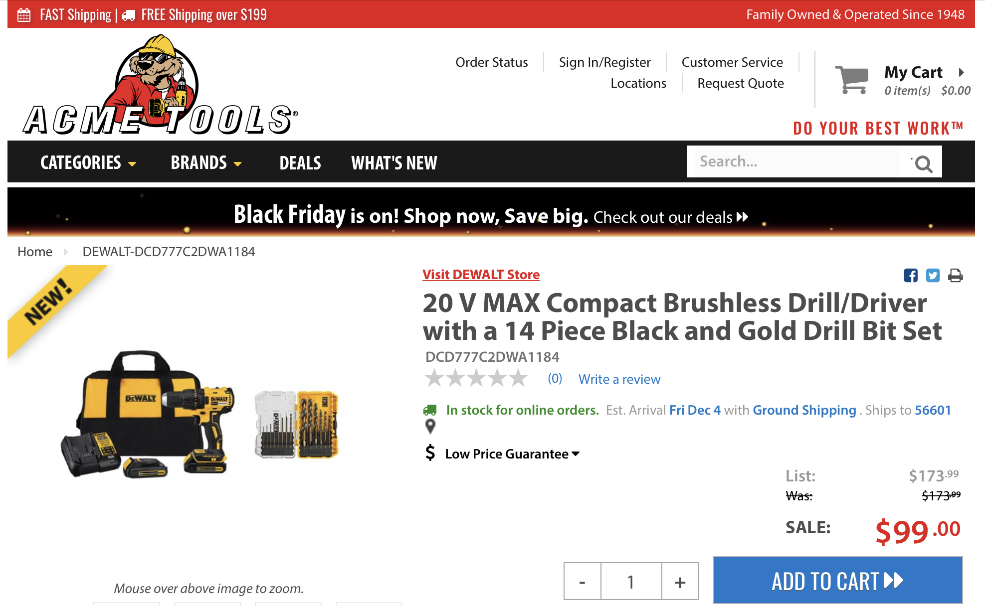 20V Max 1/2” Compact Drill Driver Kit with bonus 14 pc drill bit set at ACME Tools for $99