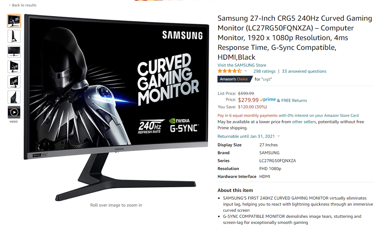 Samsung CRG5 27" 1080P 240Hz 4ms NVIDIA G-SYNC Compatible Curved Gaming Monitor - $279.99 + tax
