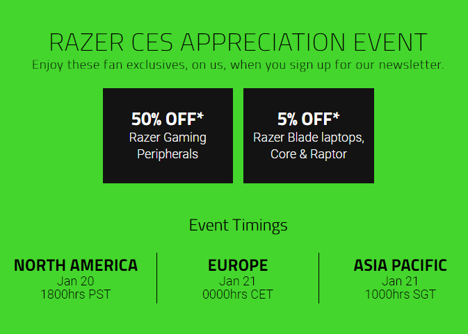 50% off all Razer peripherals and gear on 01/20