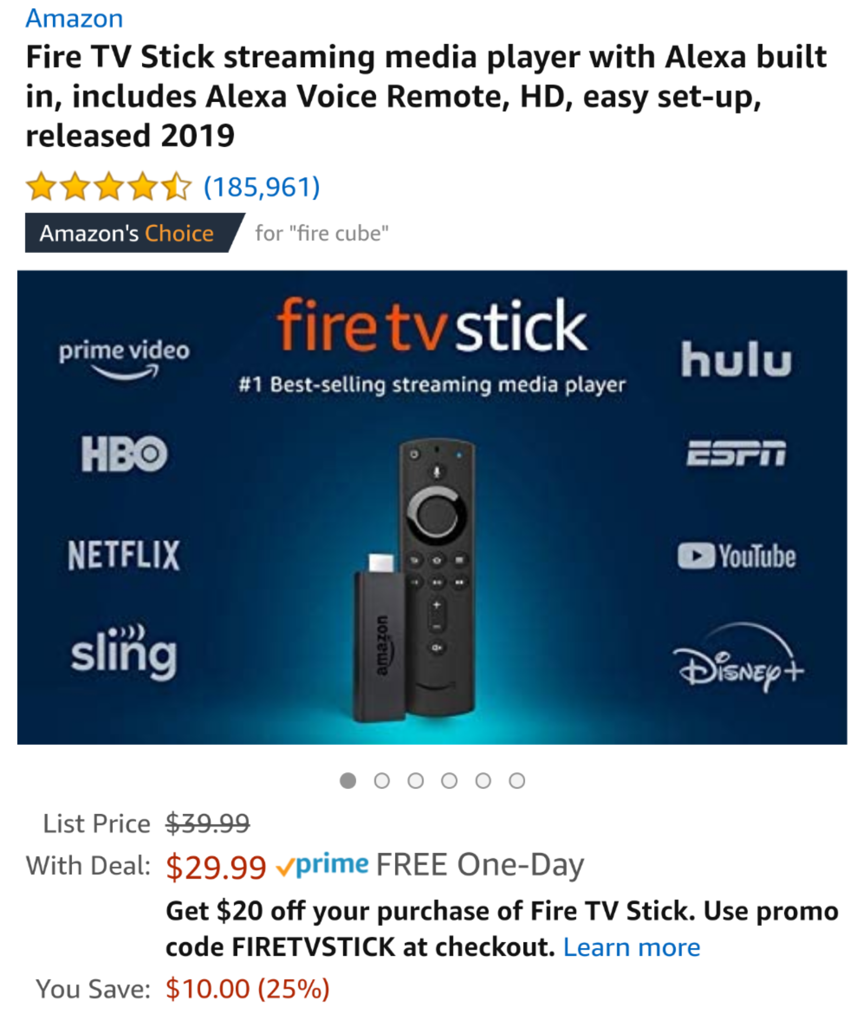 Fire TV Stick (2019) - $9.99 after $20 coupon YMMV