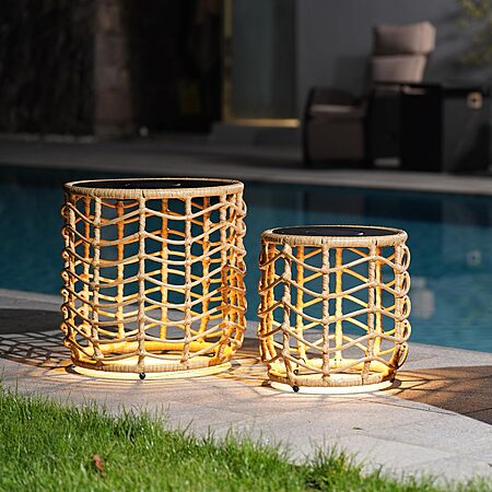 Solar Yard Boho Solar Nesting Tables with Built-in Lights - Set of 2, Weather-Resistant Wicker for Patio, Porch, Garden