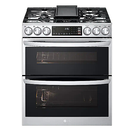 LG - 30-in Wide 6.9 Cu. Ft. Smart Slide-In Double Oven Gas True Convection Range with 5 Burners, EasyClean and InstaView - Stainless Steel $2199.99 Bestbuy.com