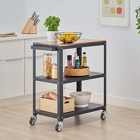 TRINITY 3-tier Metal Kitchen Cart with Acacia Top $99.99 Dark Bray or White Free Shipping Costco.com