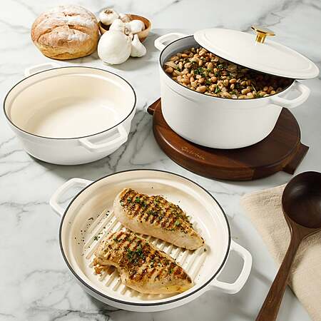Sur La Table Enameled Cast Iron Stackable Cookware Set $104.99 Cream or Green Free Shipping Costco.com