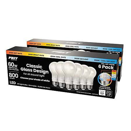 Feit Electric 60W Replacement 5-CCT LED Classic Glass A19 Bulbs, 12-pack $26.99 free shipping Costco.com