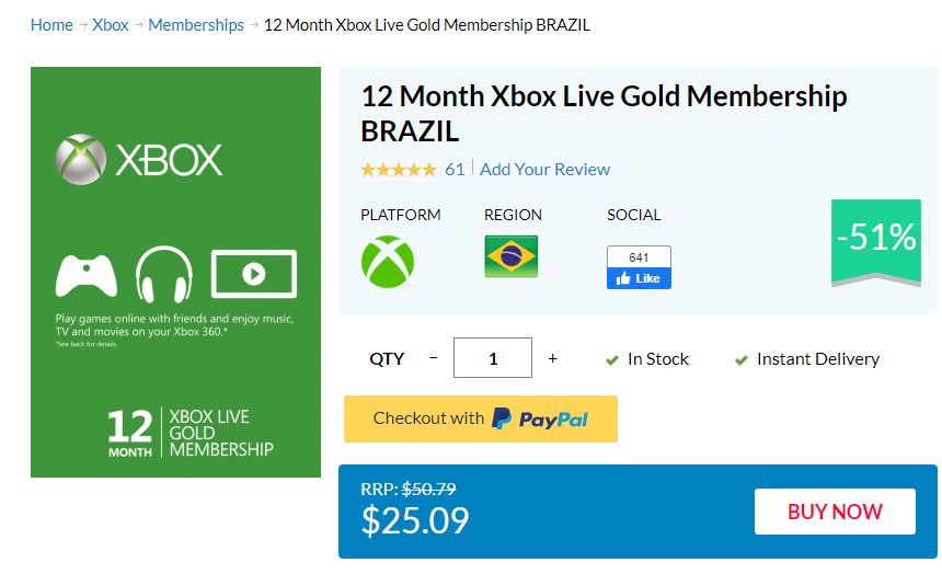 12 Month Xbox Live Gold Membership BRAZIL - $25.09