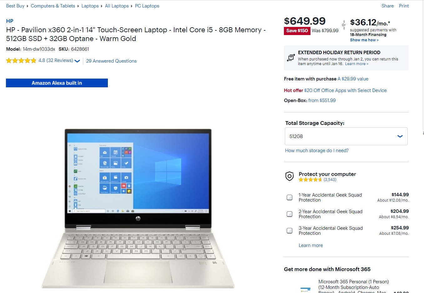 $649.99  HP - Pavilion x360 2-in-1 14" Touch-Screen Laptop - 11th gen Intel Core i5 - 8GB Memory - 512GB SSD + 32GB Optane - Warm Gold