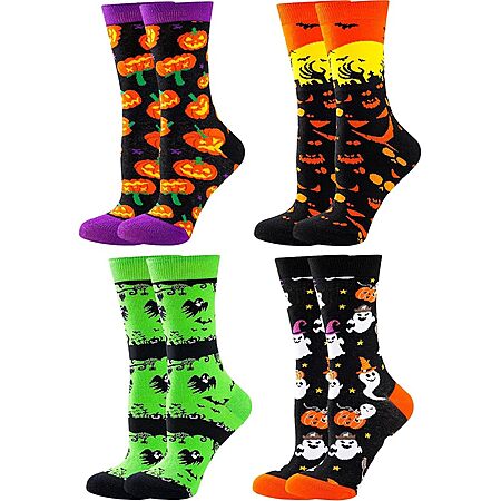 4-Pairs BONANGEL Women's Halloween Novelty Crew Socks (Size 5-8)