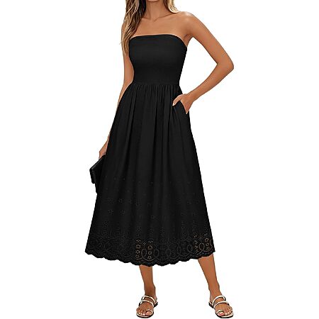 Lazysmile Women's Strapless Tube Top Boho Maxi Dress w/ Lace Trim & Pockets (various) $14