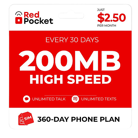 360-Day RedPocket Prepaid Wireless Phone Plan: Unlimited Talk / Text + 200MB Data $30 + Free S&H (New or Renew)