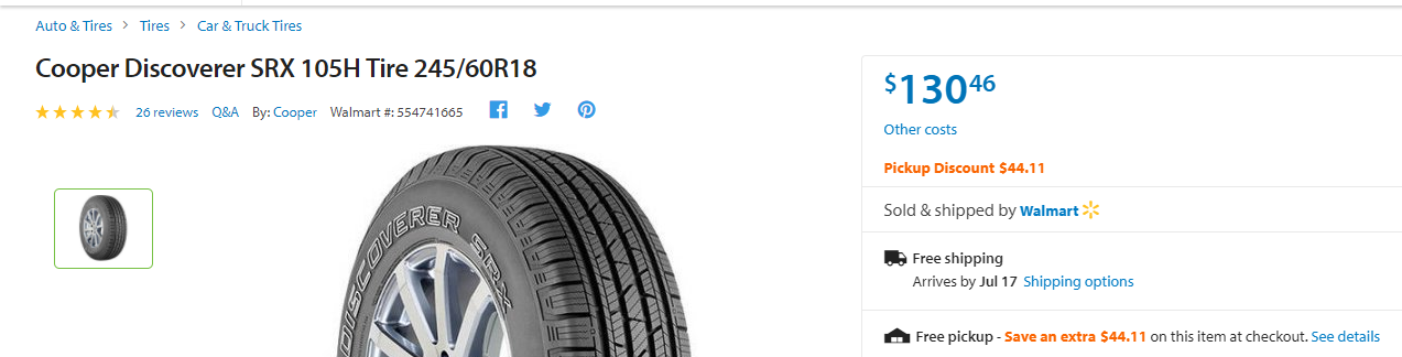 Cooper Discoverer SRX 105H Tire 245/60R18 Set of 4 <$300 after pickup discount & rebate @ walmart
