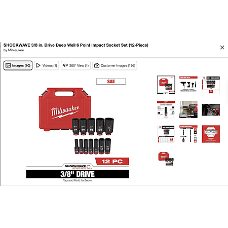 SHOCKWAVE 3/8 in. Drive Deep Well 6 Point Impact Socket Set (12-Piece) $49.97 @HomeDepot
