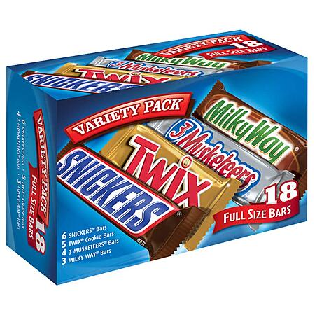 18-Pack Mars Full Size Candy Bars (Snickers, Twix, Milky Way, 3 Musketeers) $14.48 w/ S&S + Free Shipping w/ Prime or on $35+