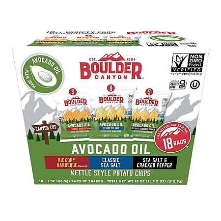 18-Pack 1-Oz Boulder Canyon Avocado Oil Kettle Chips (BBQ, Sea Salt, Salt & Pepper) $10.68 w/ S&S + Free Shipping w/ Prime or on $35+