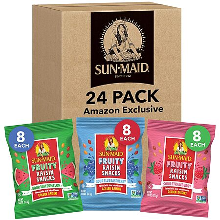 24-Pack 1.33-Oz Sun-Maid Fruity Raisin Snack Packs (Sour Strawberry, Watermelon & Blue Raspberry) $11.70 w/ S&S + Free Shipping w/ Prime or on $35+