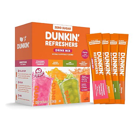 [Prime] 40-Count Dunkin' Refreshers Singles To Go! Drink Mix Packets (Variety Pack) $6.42 w/ S&S + Free Shipping