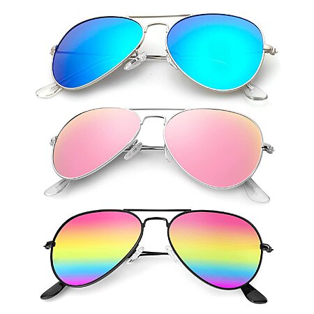 3-Pack KALIYADI Men's or Women's Aviator Polarized Sunglasses (Blue/Rainbow/Light Pink)