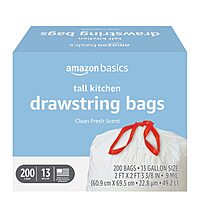 200-Ct 13-Gal Amazon Basics Tall Kitchen Drawstring Trash Bags (Clean Fresh)